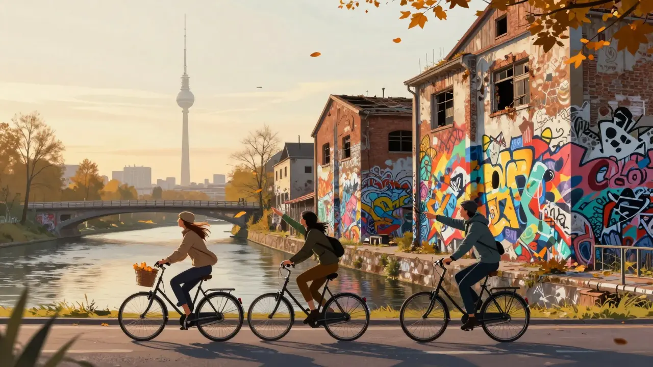 Deux cyclistes longeant la Spree au coucher du soleil, des graffitis colorés sur les murs, pas de téléphone, juste le paysage et le silence.