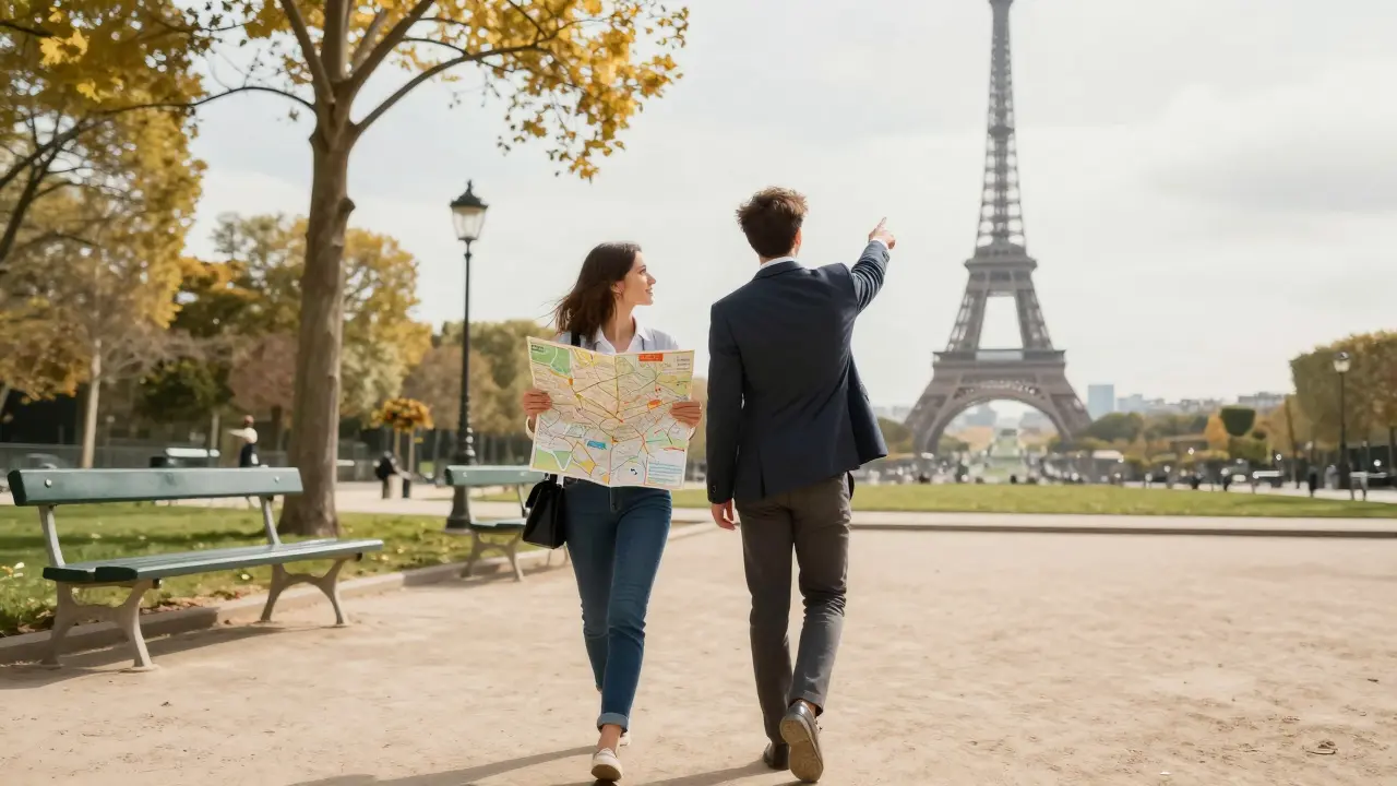 Deux personnes marchant dans un parc parisien près de la Seine.
