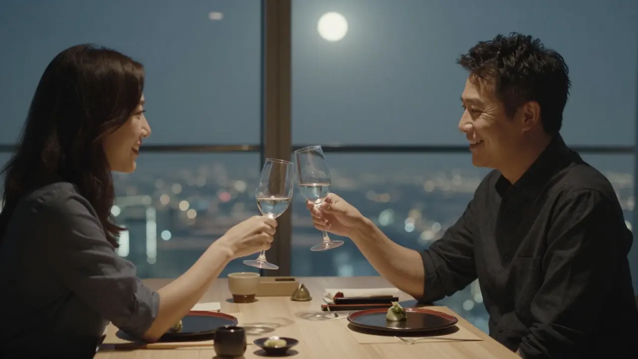 Deux personnes partagent un moment silencieux et respectueux après un dîner à Nobu Dubai, avec une vue sur la ville.