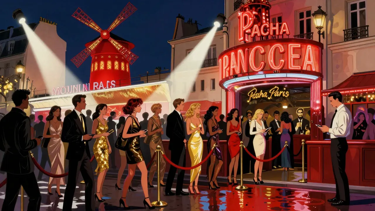 Entrée d'un club branché des années 2000 à Paris, file d'attente, Moulin Rouge en arrière-plan.