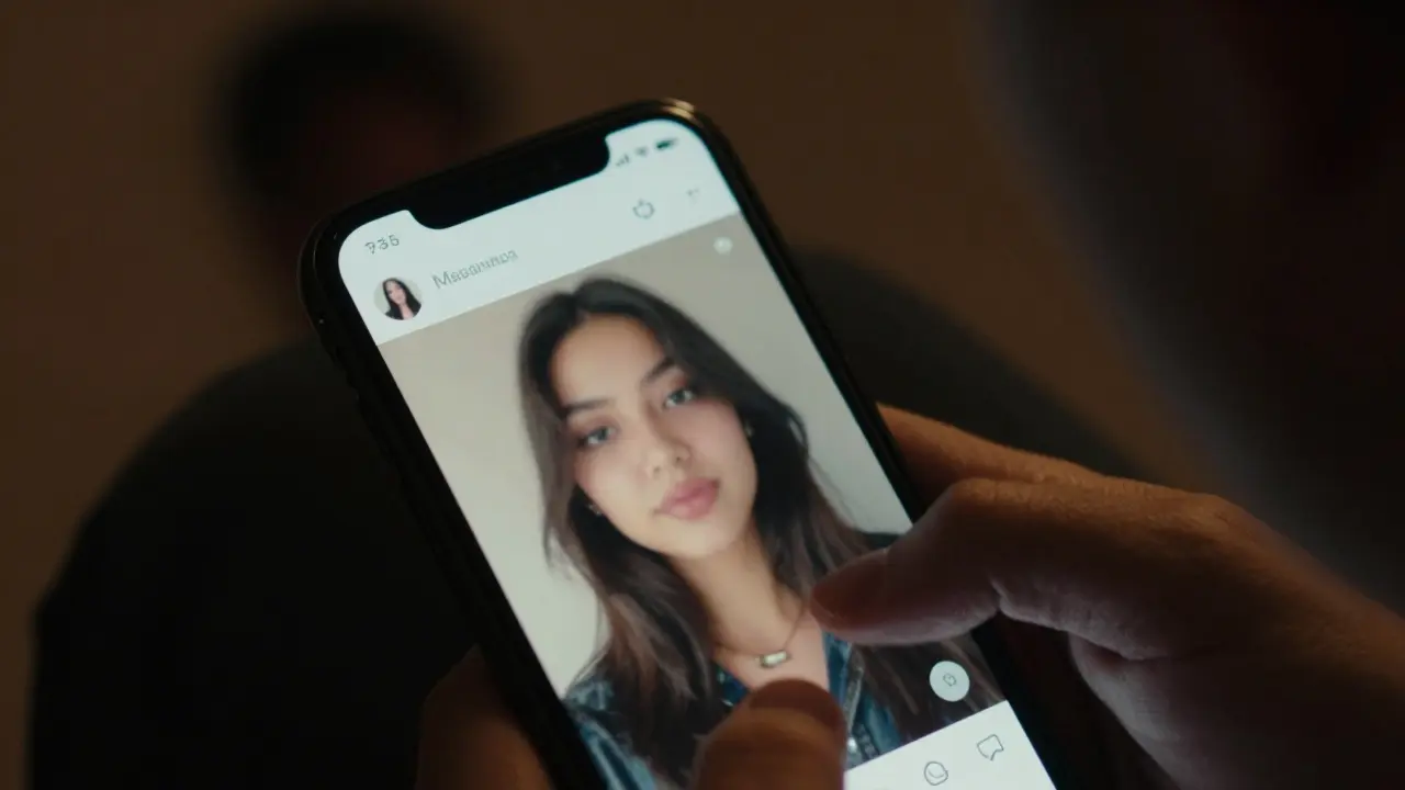 Personne regardant un smartphone avec profil social frauduleux, ombre menaçante en arrière-plan.