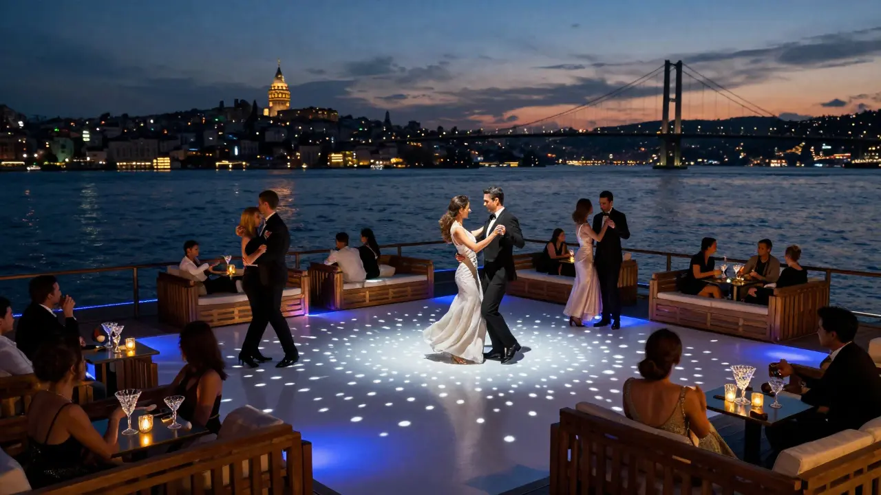Piste de danse flottante à Reina sur le Bosphore, sous les étoiles, avec des danseurs élégants.