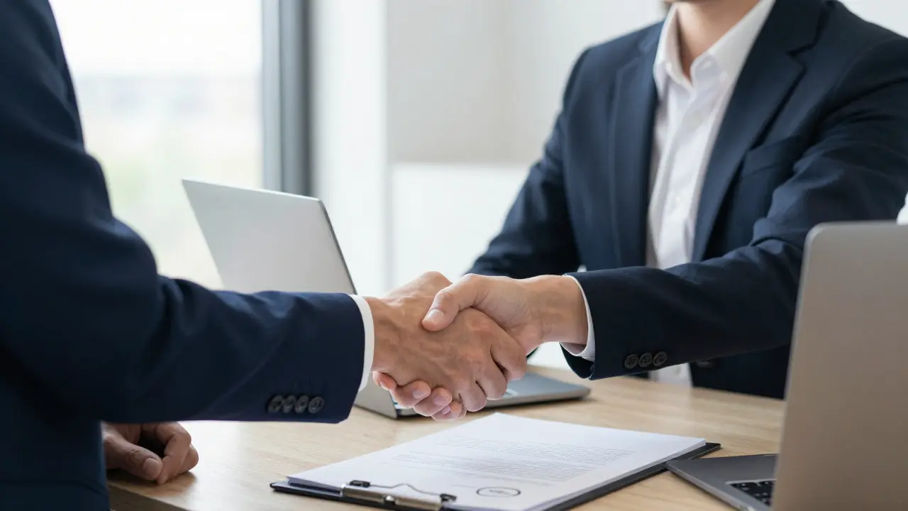 Poignée de main professionnelle entre client et compagnon de luxe dans un bureau.