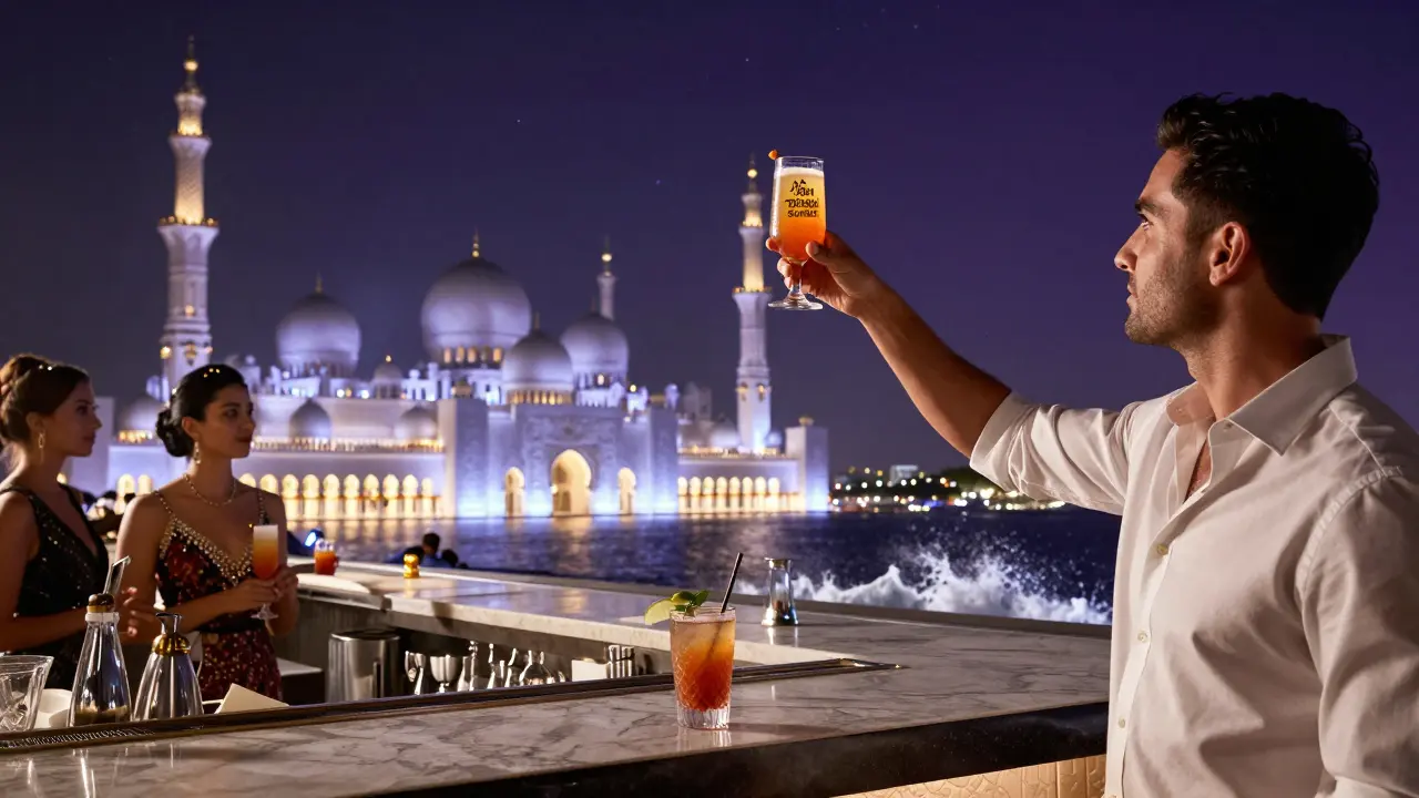 Rooftop du W Hotel avec des gens en tenue élégante, la mosquée Sheikh Zayed qui scintille au loin sous le ciel étoilé.