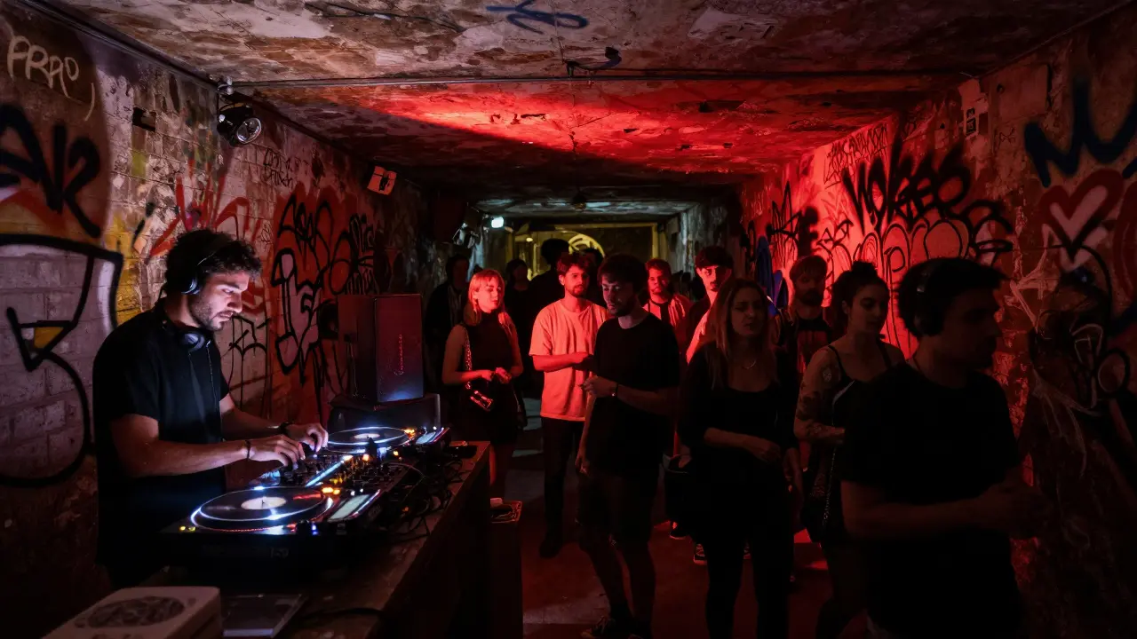Salle secrète underground à Porta Venezia, avec graffiti, lumières rouges et foule plongée dans la musique.