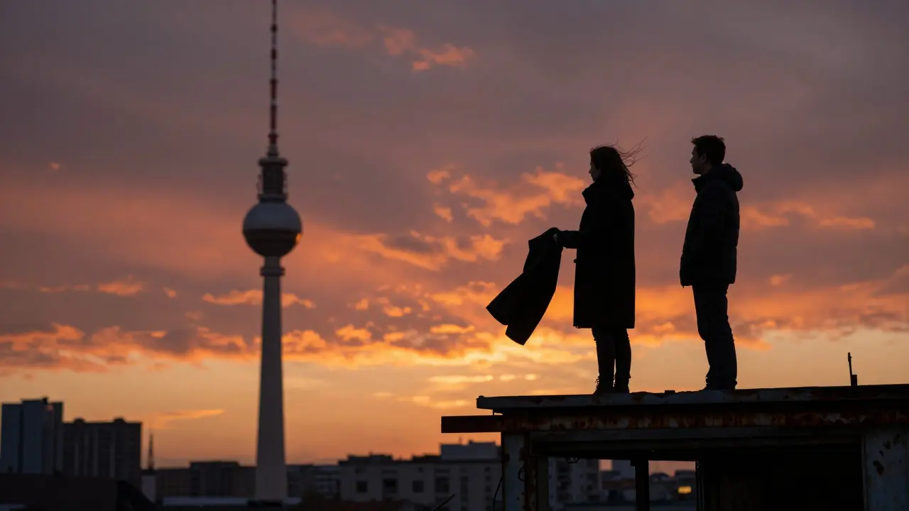 Silhouettes sur un toit abandonné à Friedrichshain, le coucher de soleil teint les toits en rouge orangé, un manteau offert dans la brise du soir.