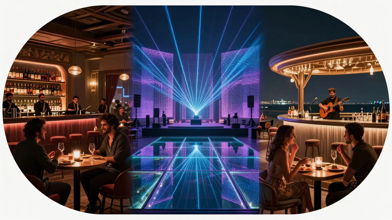 Trois ambiances nocturnes de Dubaï : un bar à vin intime, un club futuriste et un bar chic au bord de la mer, représentées dans une composition circulaire.
