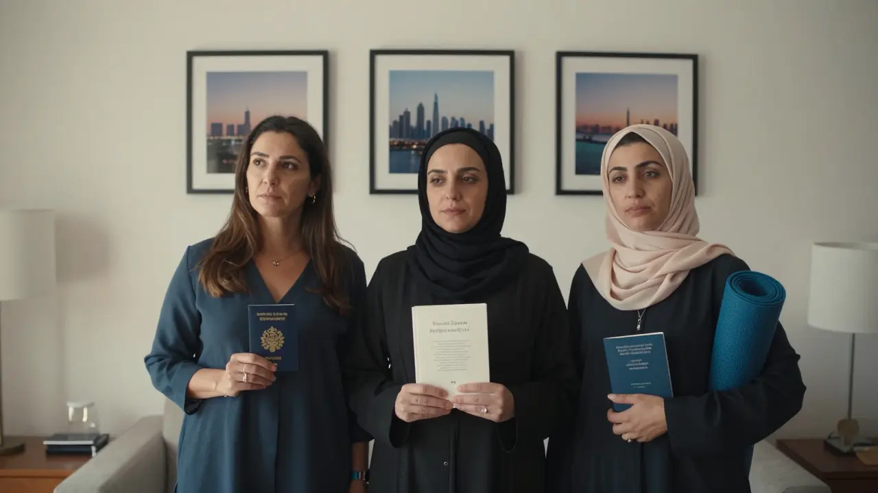 Trois femmes de cultures différentes dans un appartement lumineux, tenant des objets symboliques de leur parcours.