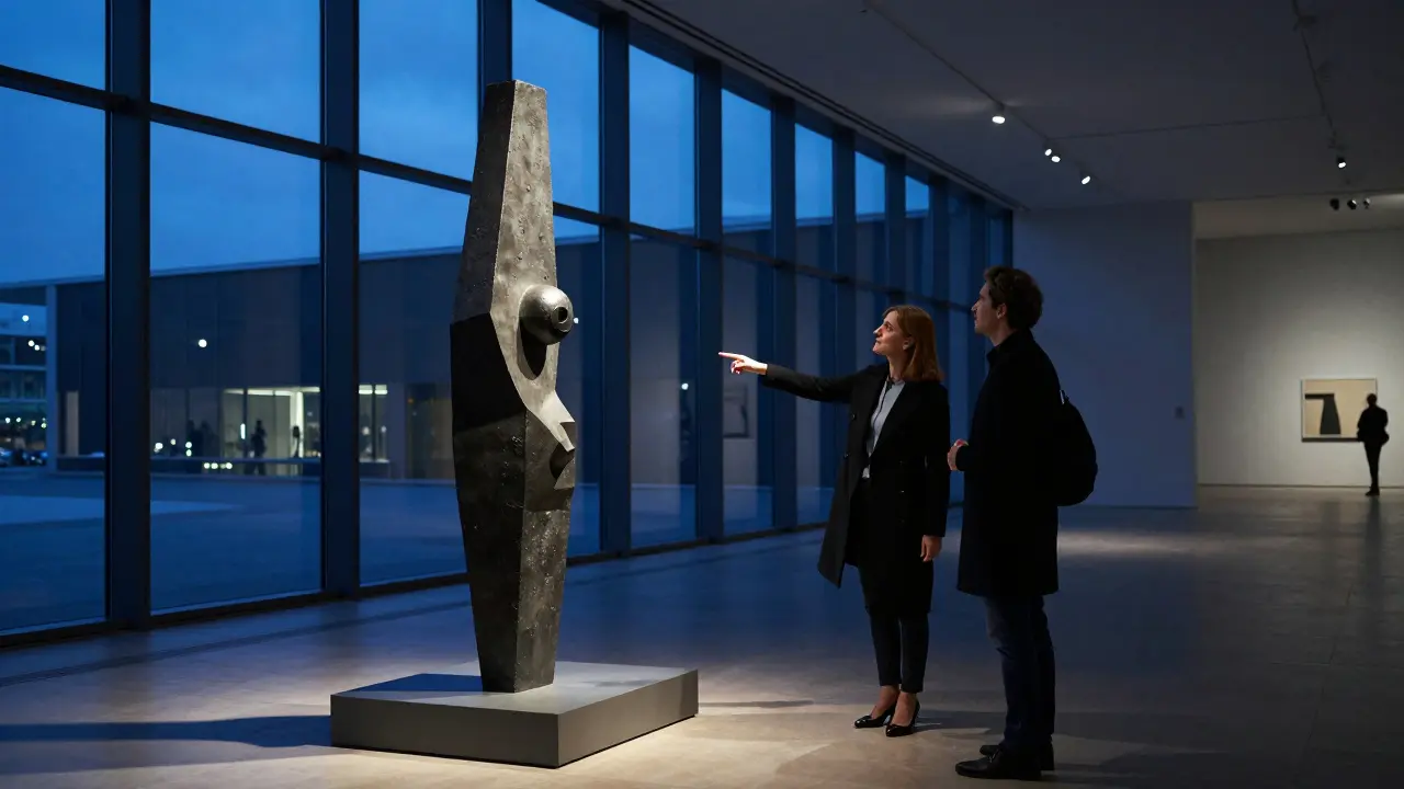 Un accompagnateur de luxe guide un client dans la Galerie Neue National, après la fermeture, devant une sculpture moderne.