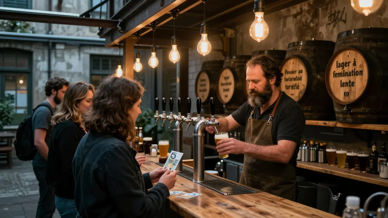 Un bar clandestin à La Villette où un brasseur sert dix bières artisanales non étiquetées à des clients tenant des tickets.
