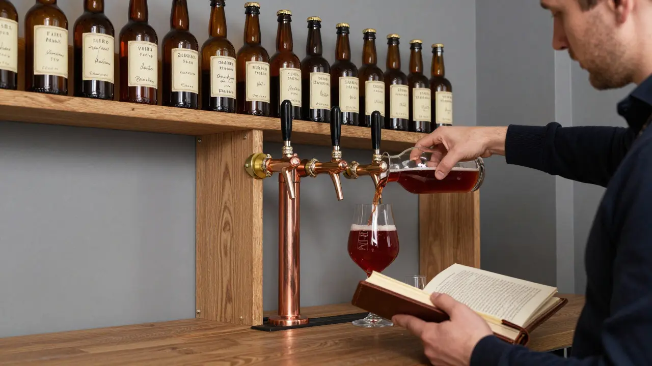 Un bar élégant du Marais avec des bouteilles de bière sur des étagères en chêne, un serveur verse une bière à température précise.