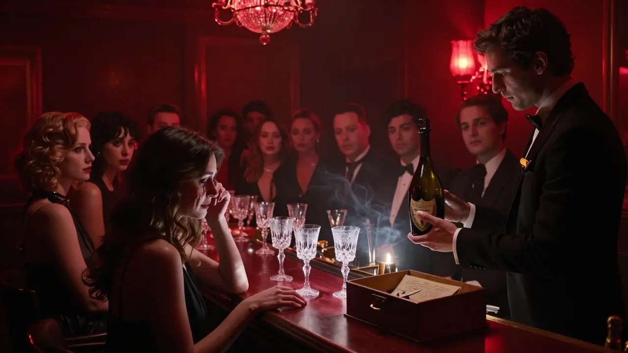 Un bar souterrain en lueur rouge où des invités silencieux boivent du champagne dans des verres de cristal.