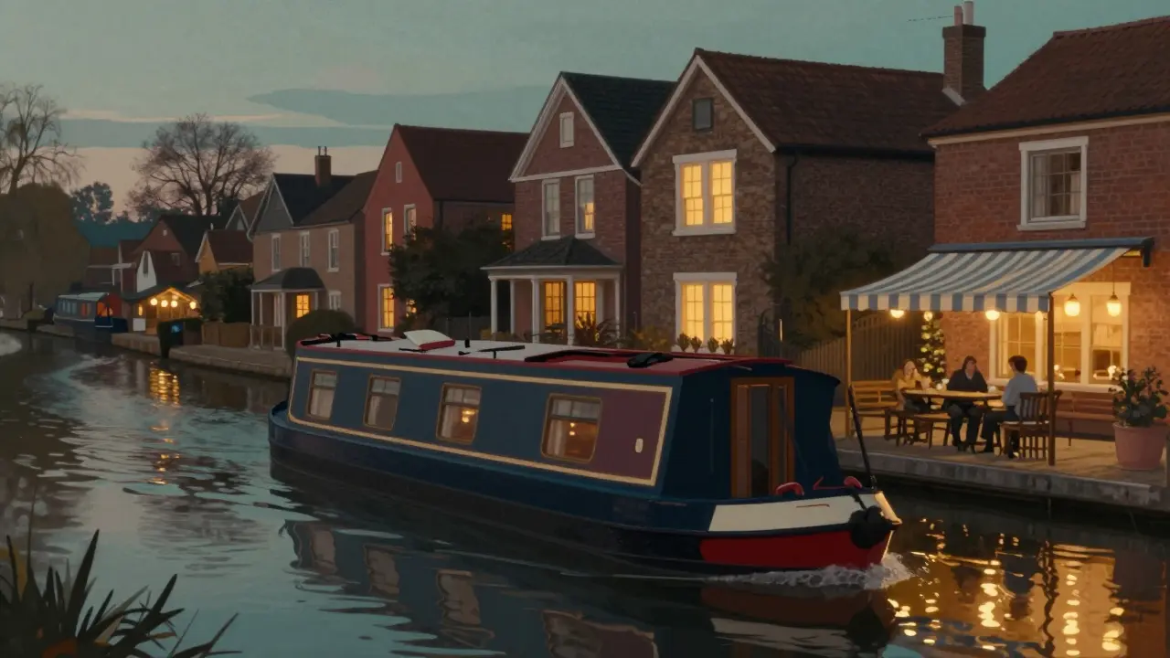 Un bateau privé glisse sur le canal de Little Venice sous les lumières des maisons victoriennes.