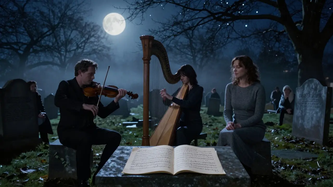 Un concert acoustique dans un cimetière de Highgate, avec des musiciens jouant sous la lueur de la lune.
