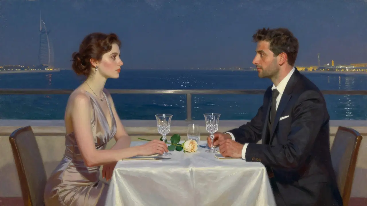 Un couple en tenue élégante partageant un dîner privé sur un toit-terrasse avec vue sur la mer.