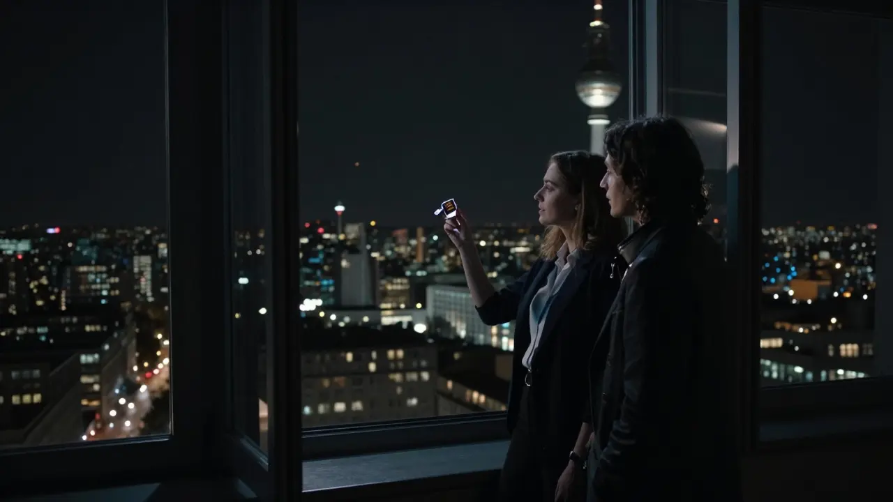 Un couple surplombe Berlin depuis le haut de la tour de télévision, la ville endormie en arrière-plan, lune brillante et silence profond.