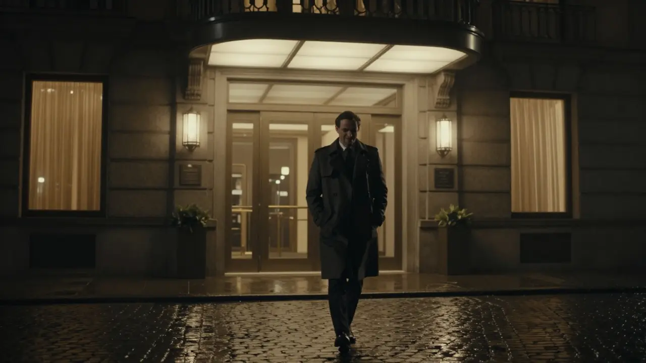 Un homme s'éloignant discrètement de l'hôtel Principe di Savoia à Milan, de nuit.