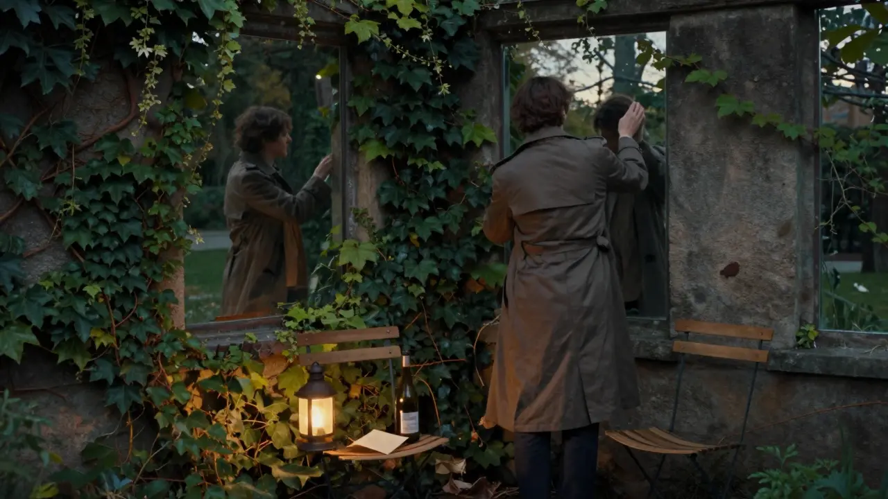 Un jardin secret à Schöneberg au crépuscule, avec des miroirs et une lumière douce, évoquant la discrétion et la sérénité.