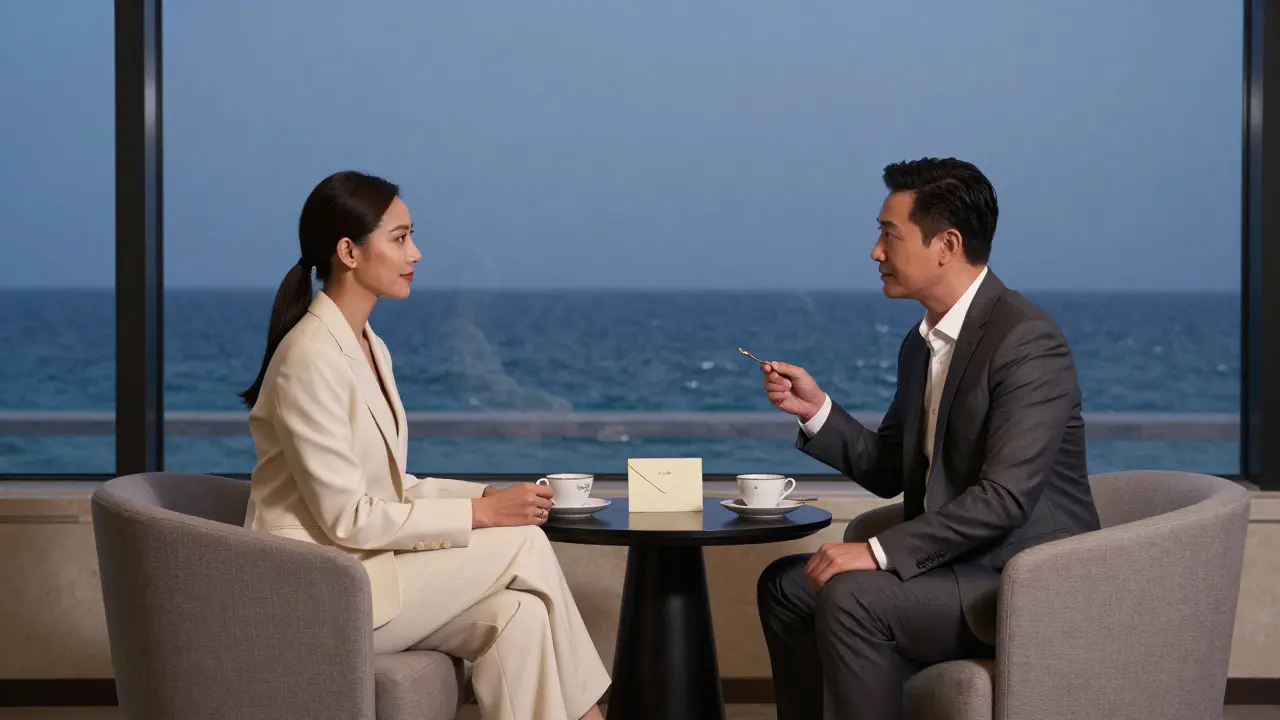 Un moment discret dans un salon privé du Mandarin Oriental, avec conversation silencieuse et vue sur la mer.