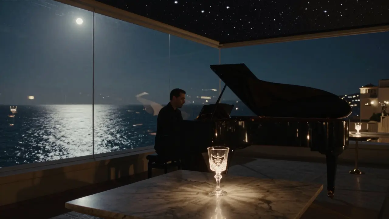 Un pianiste joue seul sur un toit de l'Hôtel de Paris avec la mer Méditerranée scintillante en arrière-plan.