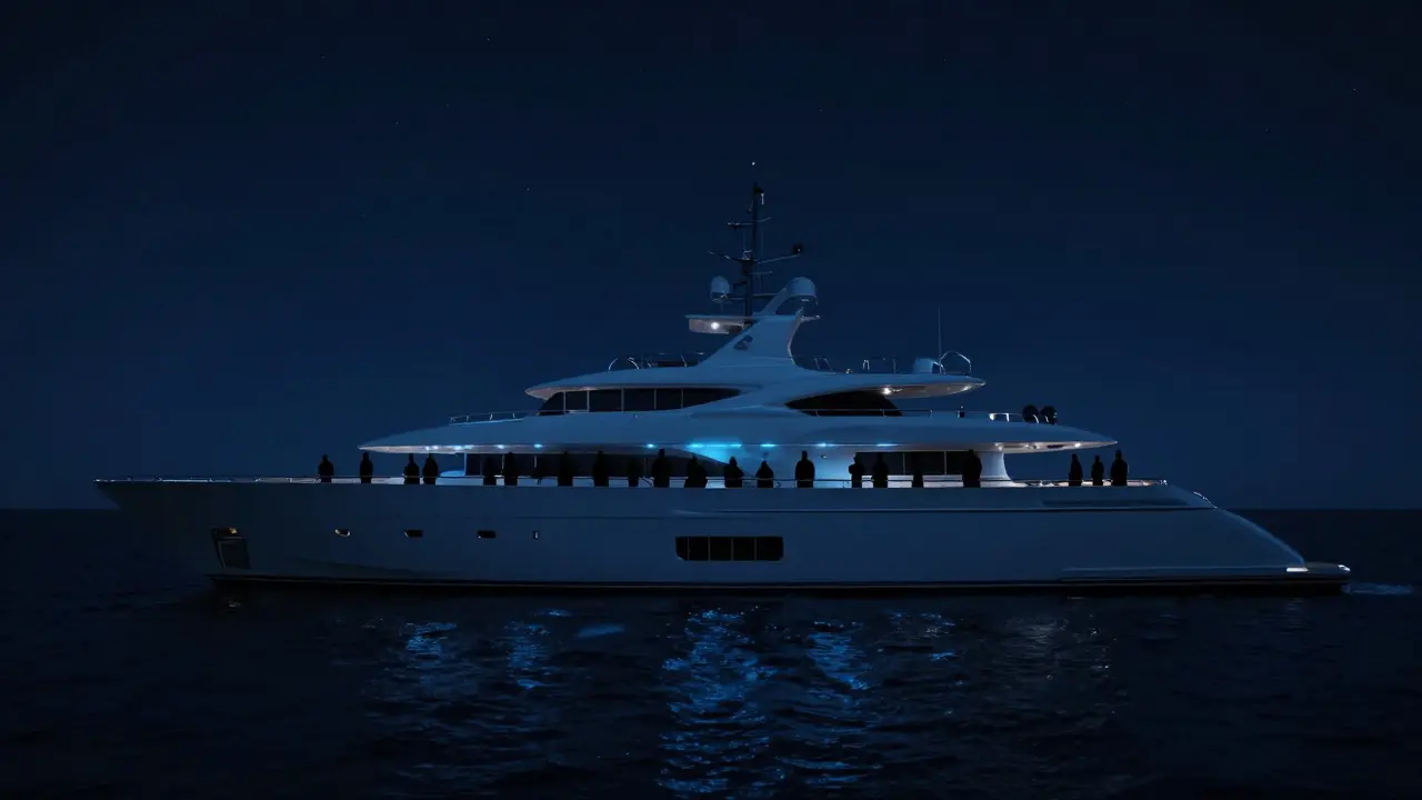 Un yacht transformé en club nocturne flottant, éclairé par une lumière bleue intense, avec des silhouettes qui dansent.