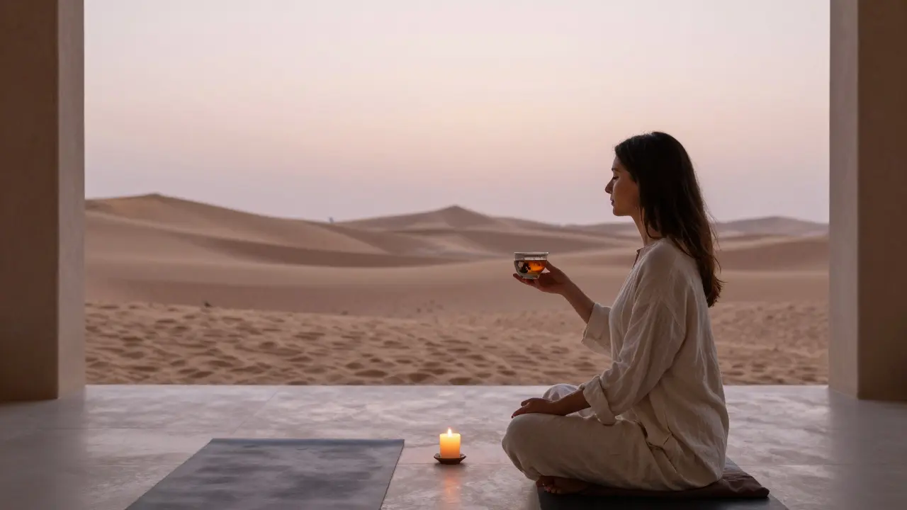 Une compagne de bien-être guidant une méditation au lever du soleil dans un désert isolé.