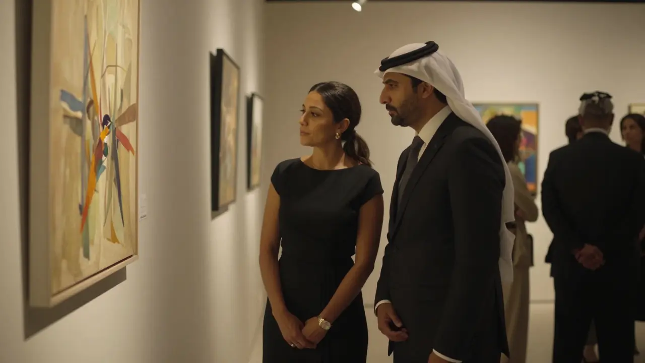 Une compagne multiculturelle accompagnant un client lors d'une exposition d'art à Abu Dhabi.