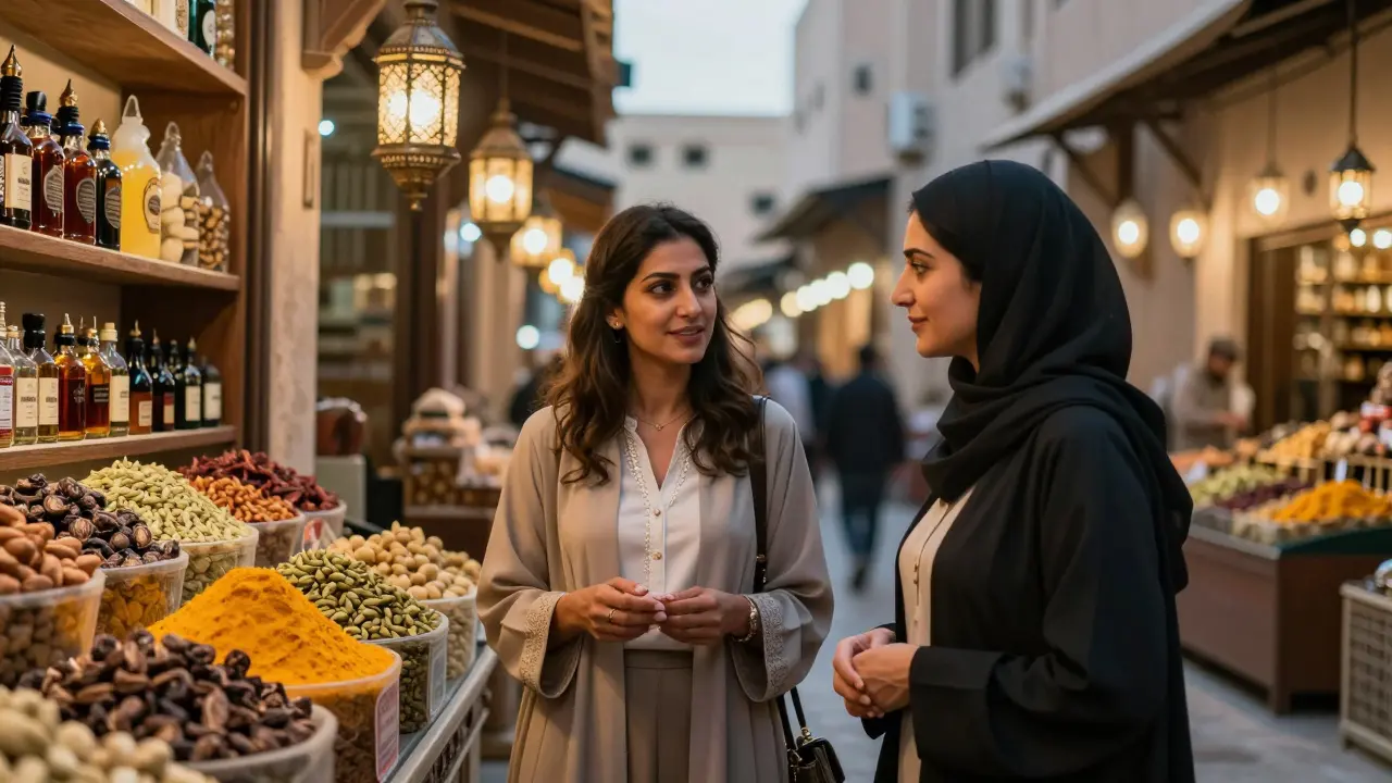 Une compagne professionnelle guide un invité à travers le souk des épices de Deira, sous des lanternes chaleureuses.
