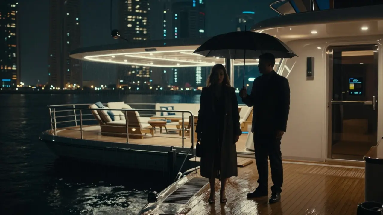 Une escorte discrète embarquant sur un yacht privé à Dubai Marina sous la pluie légère.