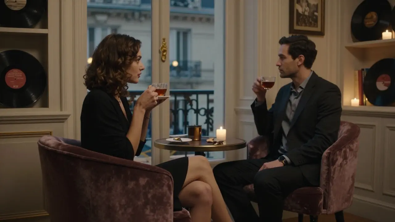 Une femme et un homme partagent un moment silencieux dans un salon élégant de Paris, près d'une fenêtre illuminée par des bougies.