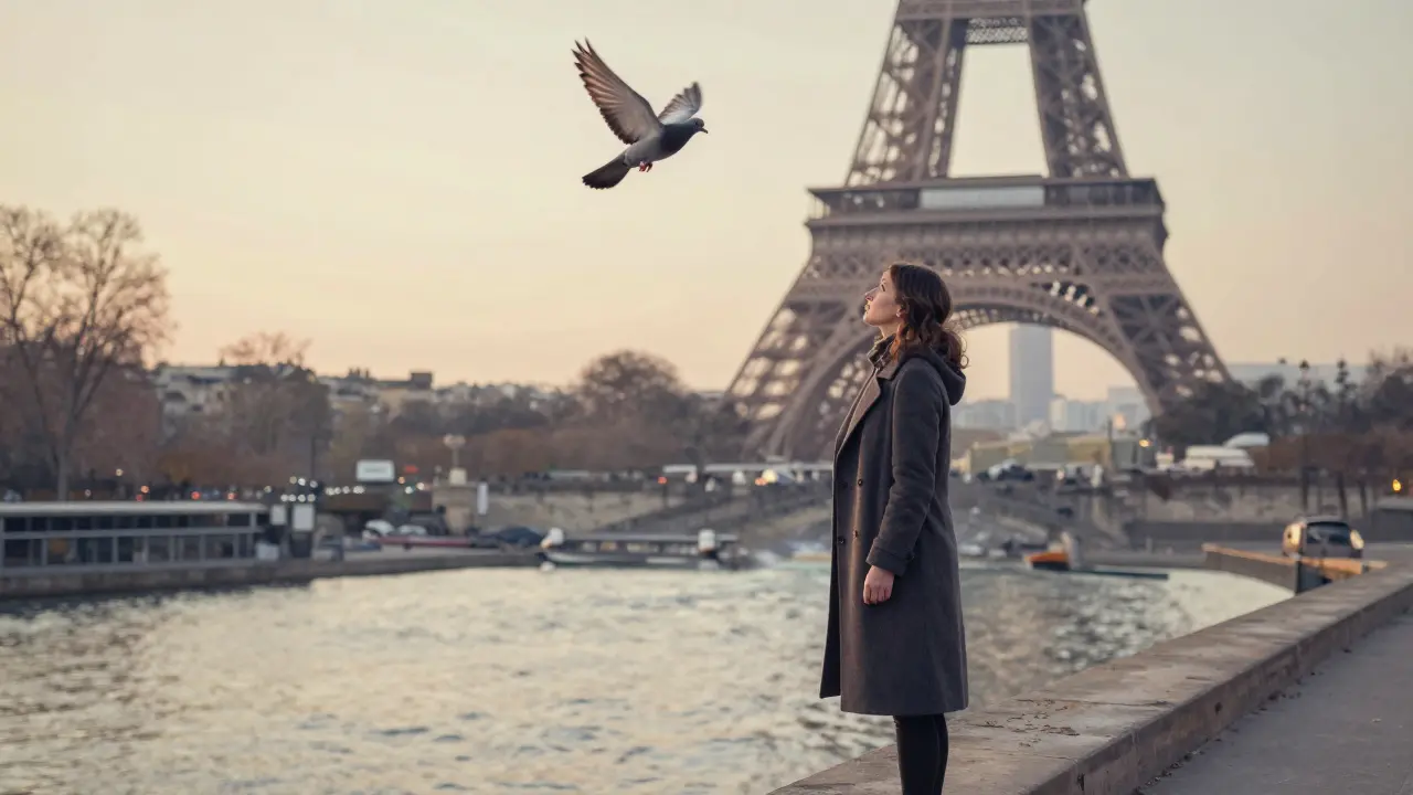 Une femme observe un pigeon voler en forme de cœur au-dessus de la Tour Eiffel au lever du jour, sur les rives de la Seine.