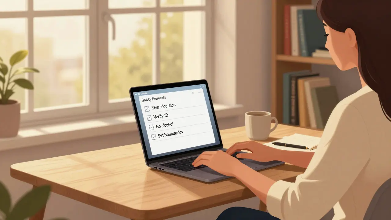 Une femme travaille en toute sécurité à son bureau, avec des protocoles de protection visibles.