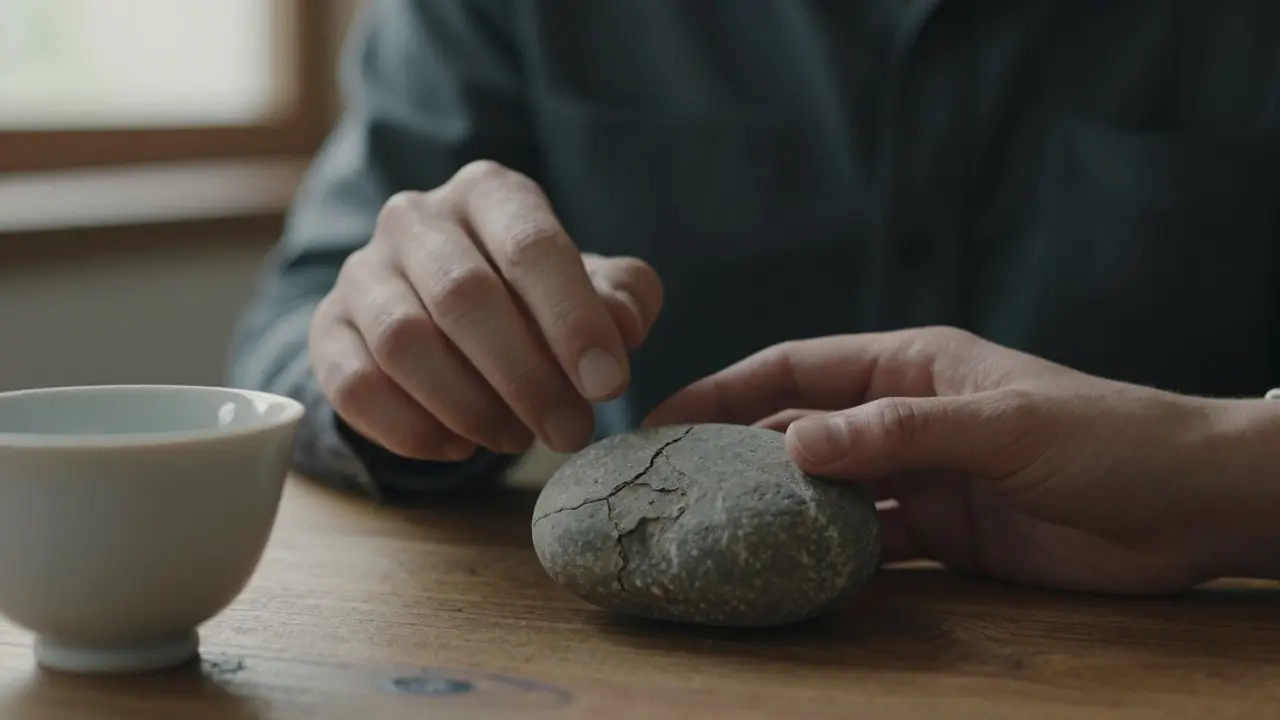 Une main déposant une pierre sur une table, l'autre main hésitante au-dessus, dans une lumière douce.