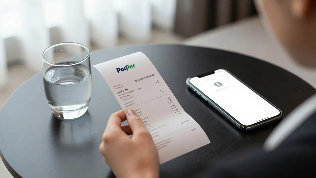 Une main tenant un reçu de paiement sécurisé sur une table d'hôtel, avec un écran d'agence professionnelle en arrière-plan flou.