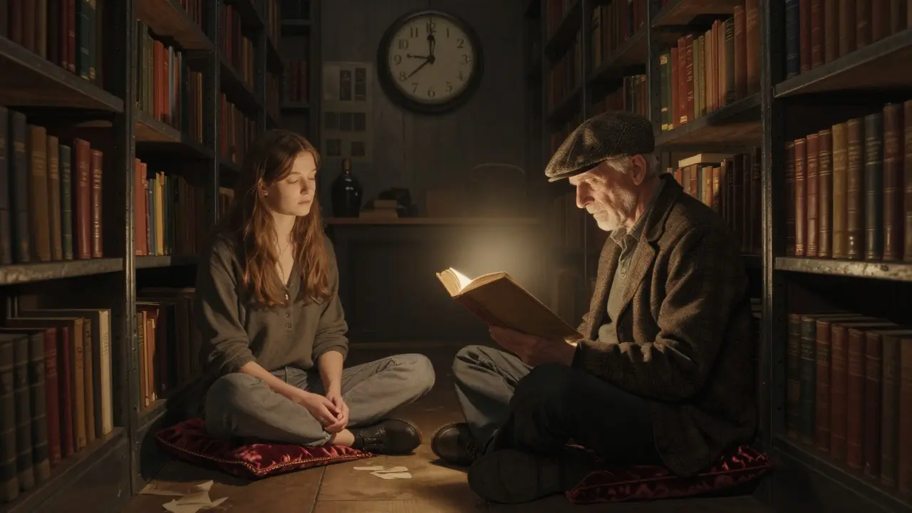 Une personne lit à voix haute dans une bibliothèque nocturne, entourée d'étagères en fer forgé et d'une lumière douce.