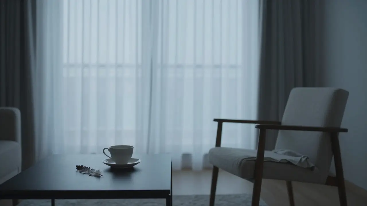 Une pièce vide à Dubaï au lever du jour, avec un thé froid, une plume et un tissu sur une table.