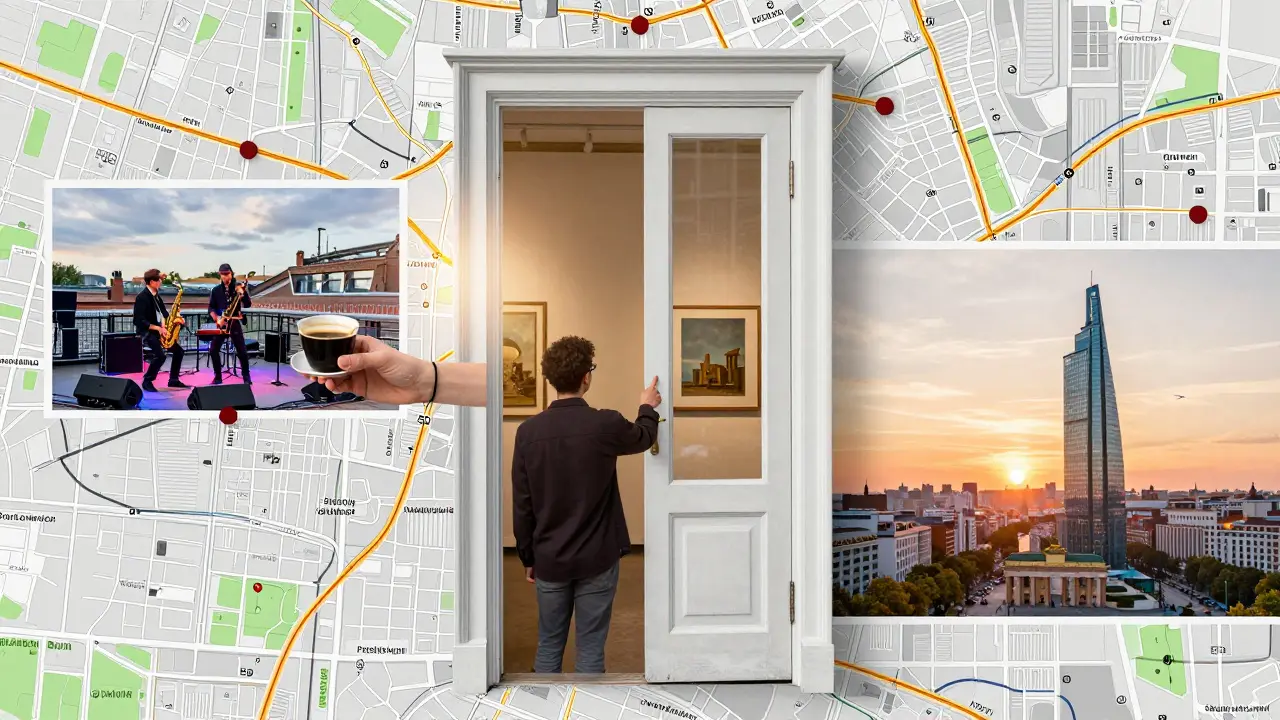 Une porte ouverte composée de cartes de Berlin révèle des scènes de connexions humaines : musique, café, musée, lever de soleil.