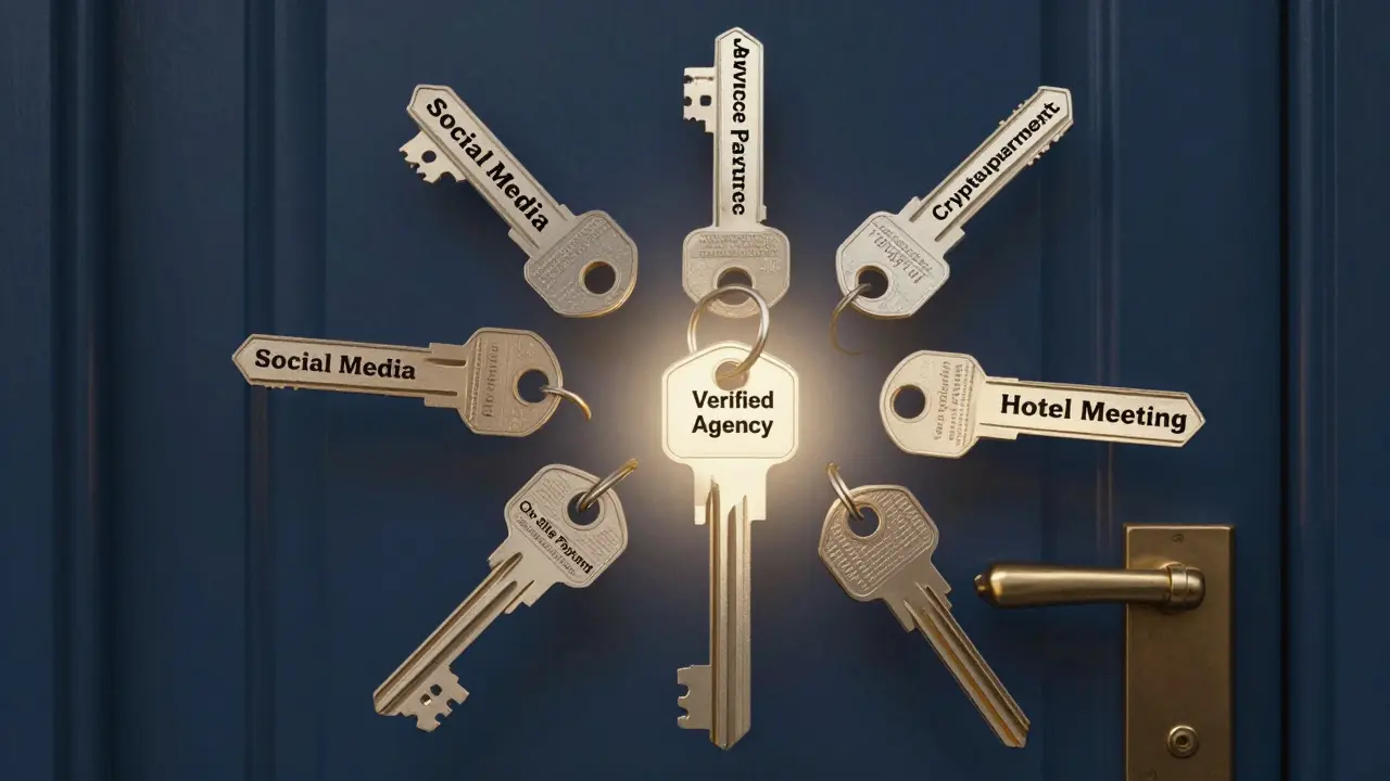 Une porte verrouillée entourée de clés représentant des risques, avec une seule clé lumineuse indiquant la sécurité et la vérification.