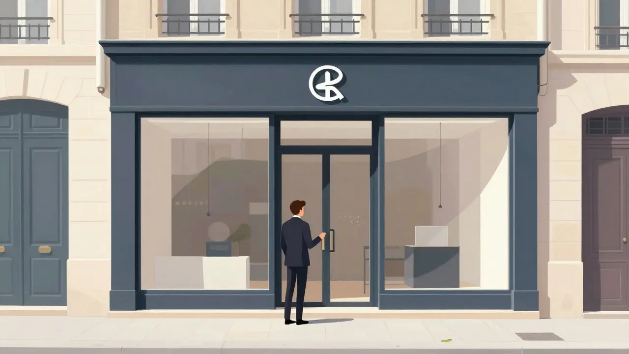 Vitrine d'agence professionnelle à Paris avec logo discret.