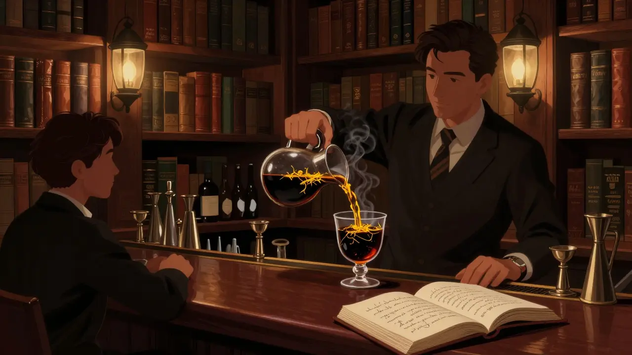 Bar The Library caché derrière une bibliothèque, avec un cocktail fumé et des livres anciens dans une ambiance mystérieuse.