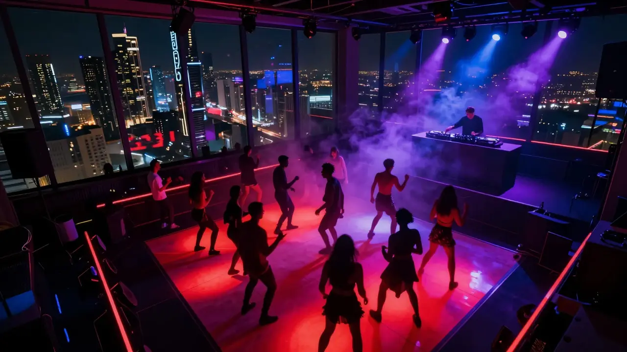 Club Level 33 à minuit, avec piste de danse animée, lumières néon et vue panoramique sur Abu Dhabi.