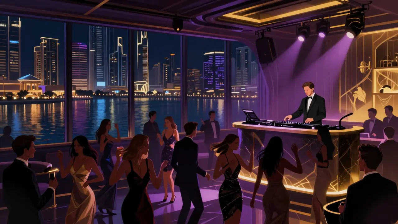 Club luxueux au Ritz-Carlton Abu Dhabi, foule dansante sous des lumières scintillantes avec un DJ en arrière-plan.