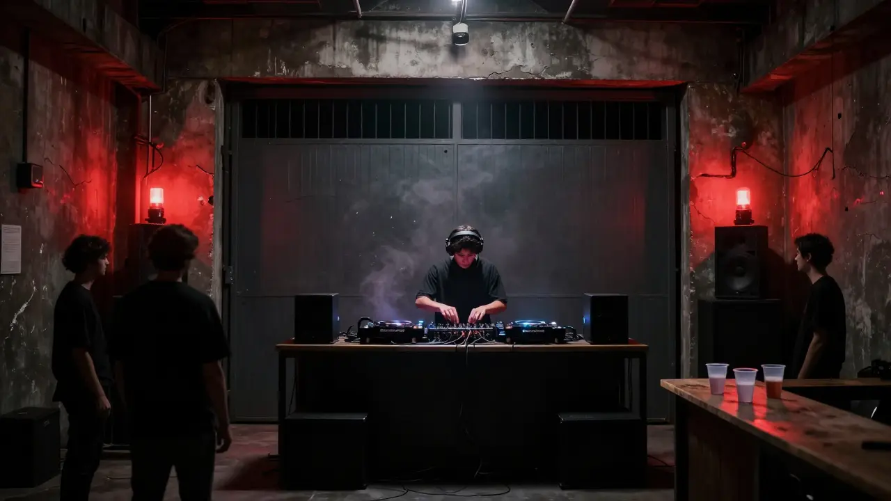 Club underground Le Metronome à Monaco, dans un entrepôt sombre avec une ambiance techno minimaliste et des lumières rouges.