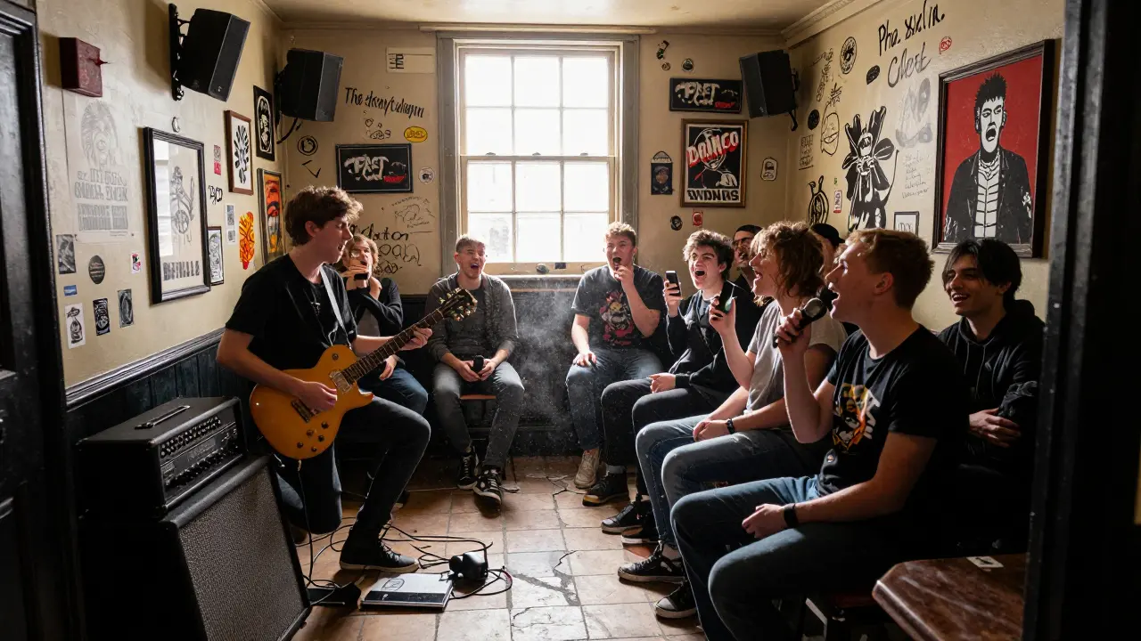 Concert authentique dans un petit pub punk de Brixton, foule en plein élan, ampli vintage et murs couverts de stickers.