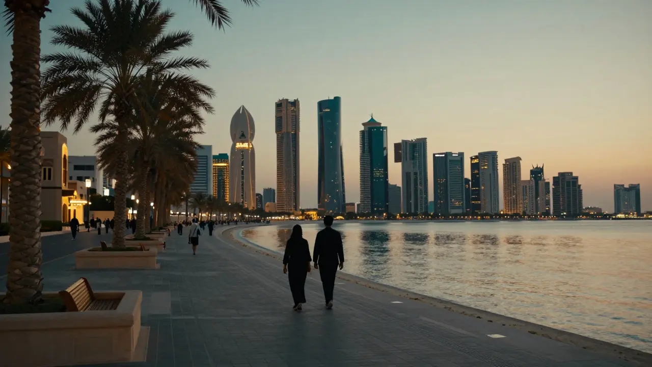 Couple marchant sur le corniche d'Abou Dabi au crépuscule
