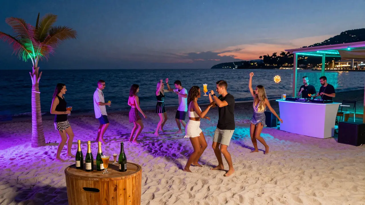 Des gens dansent sur la plage de Nikki Beach Monaco sous la musique électro et les lumières colorées.