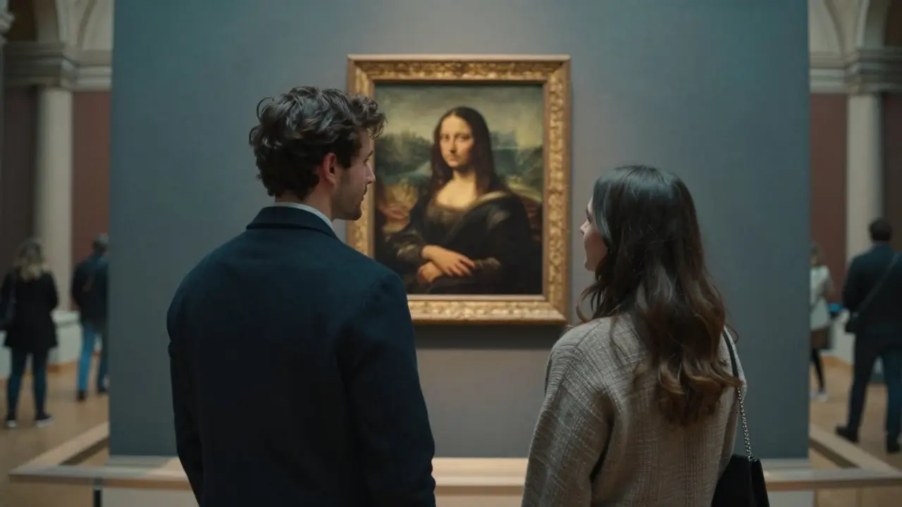 Deux personnes admirant une œuvre d'art dans un musée parisien, atmosphère culturelle et sereine.
