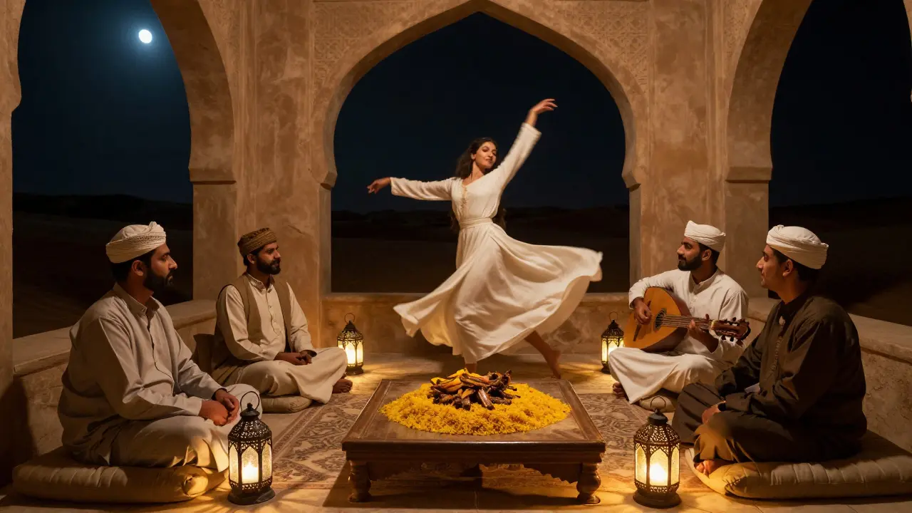 Dîner nocturne à Al Fanar, un danseur en robe blanche danse au son d'un oud, autour d'une table chargée de plats.