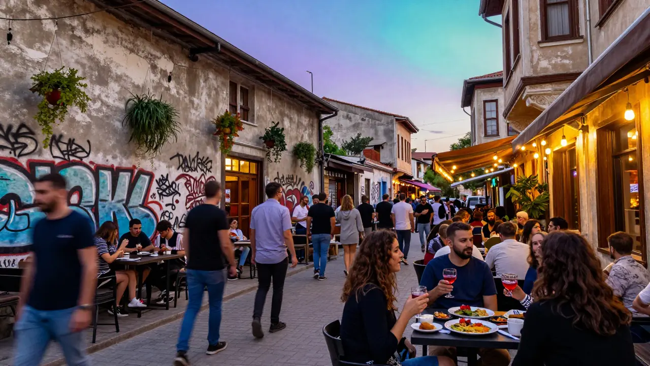 Foule festive dans le quartier de Karaköy au crépuscule