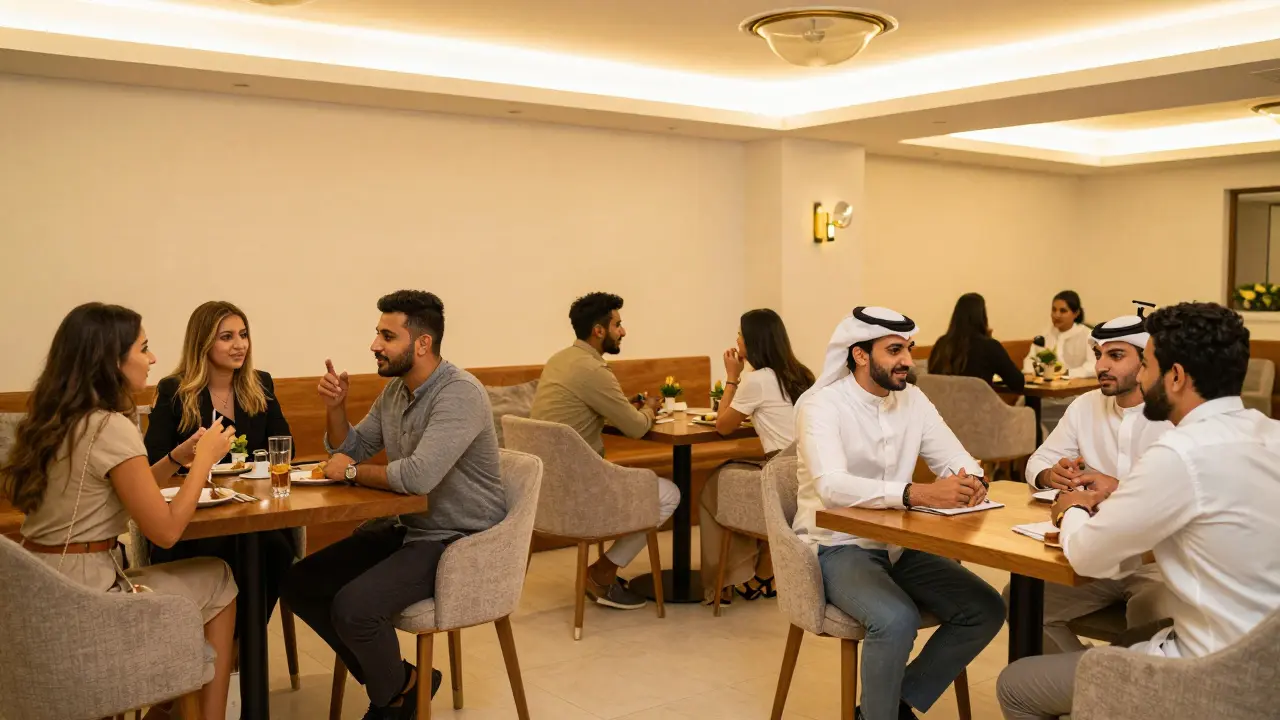 Groupe d'expatriés discutant dans un club social lumineux et sûr.